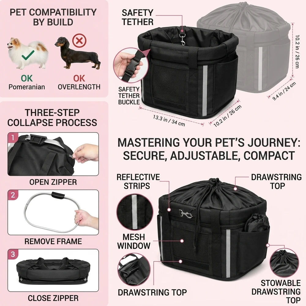 Detail of the safety tether and padded drawstring top of the Goodsible pet basket