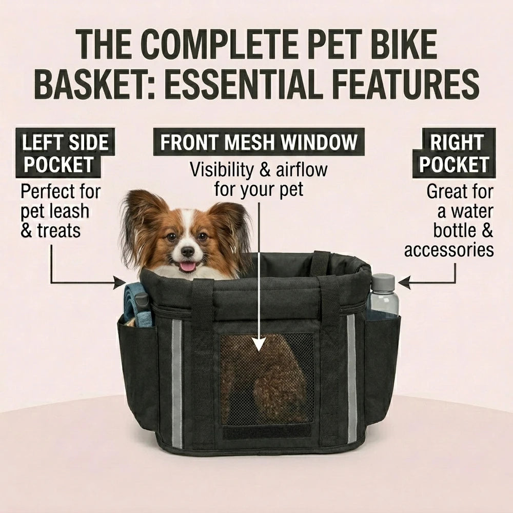 Feature details of the Goodsible pet bike basket: side pockets, reflective strips and front mesh window