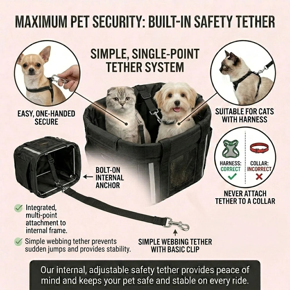 Clip-in safety tether attaching to a pet harness inside the Goodsible basket