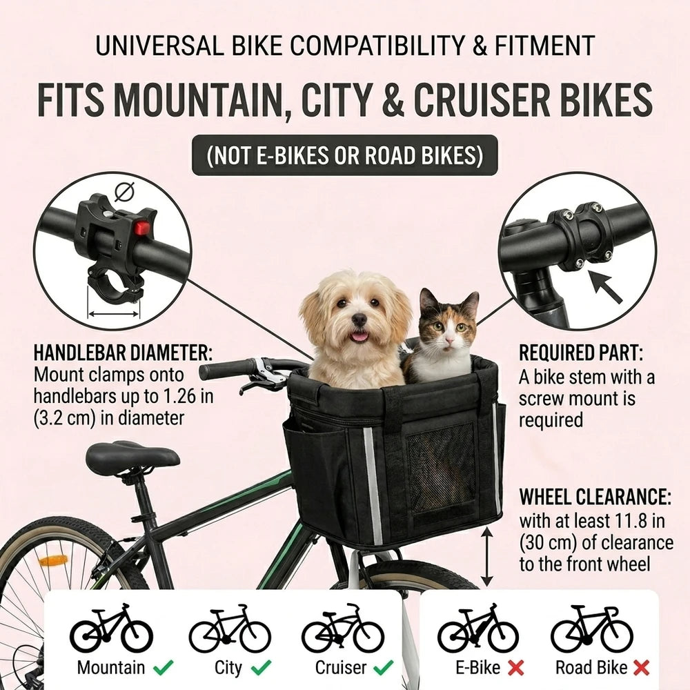 Quick-release clamp mounting the Goodsible pet basket to bicycle handlebars