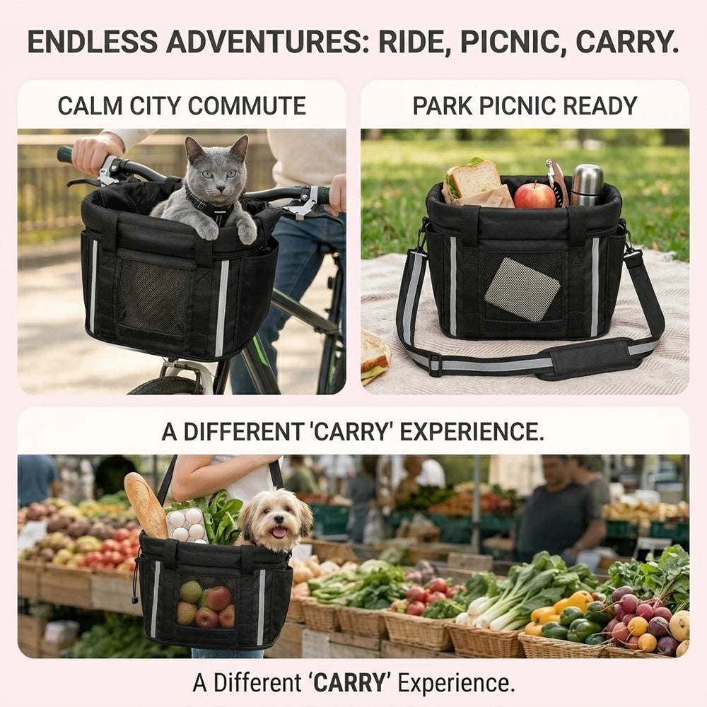 Pets riding in Goodsible bike baskets mounted on cruiser, mountain and hybrid bikes