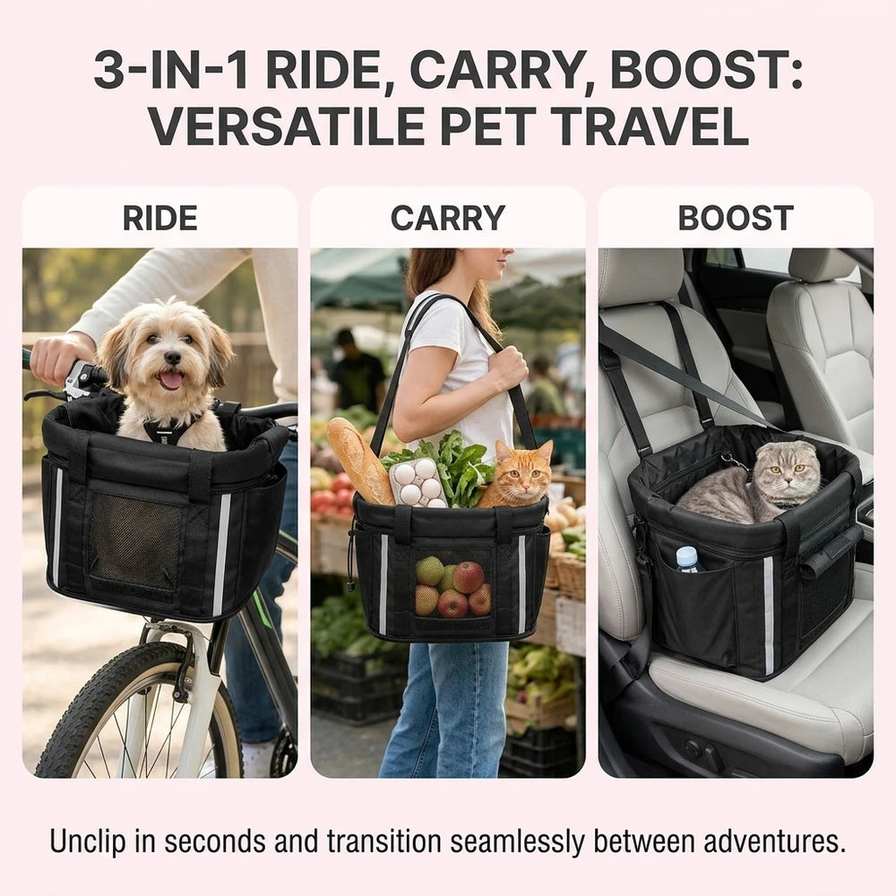 The three modes of the Goodsible 3-in-1 basket: bike basket, carry tote and car booster seat