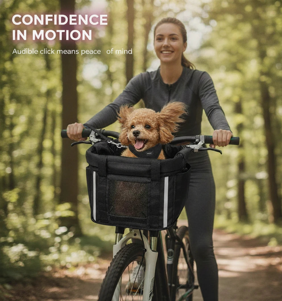 Toy poodle riding in the Goodsible pet bike basket with front mesh window on a forest trail