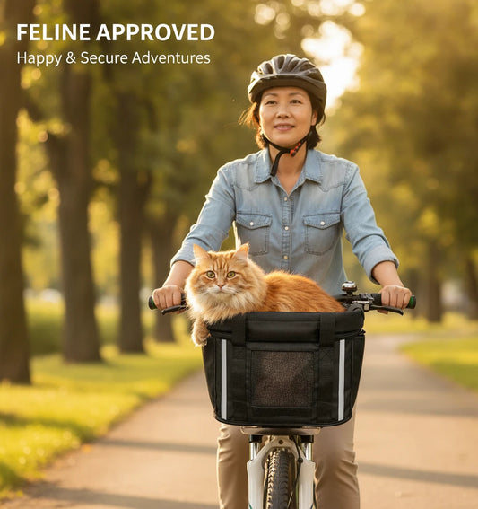 Woman cycling through a park with a ginger cat riding in the Goodsible pet bike basket on her handlebars
