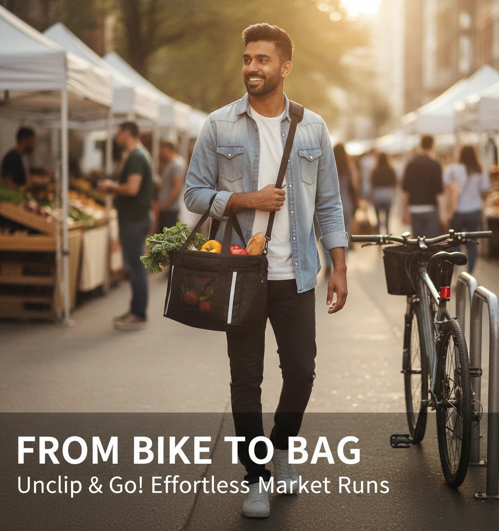 Man carrying the Goodsible basket as a shoulder tote filled with groceries at a street market