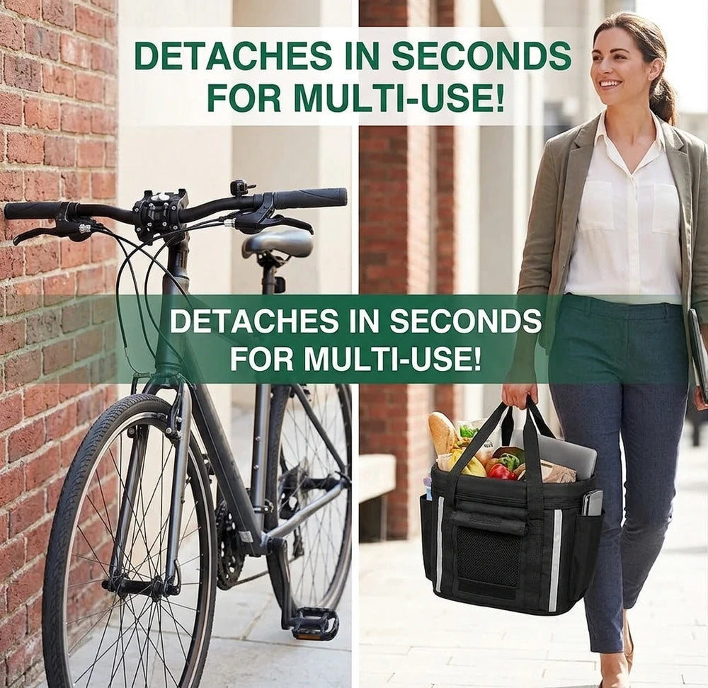 Goodsible basket detached from the bike and carried as a tote bag with groceries and a laptop