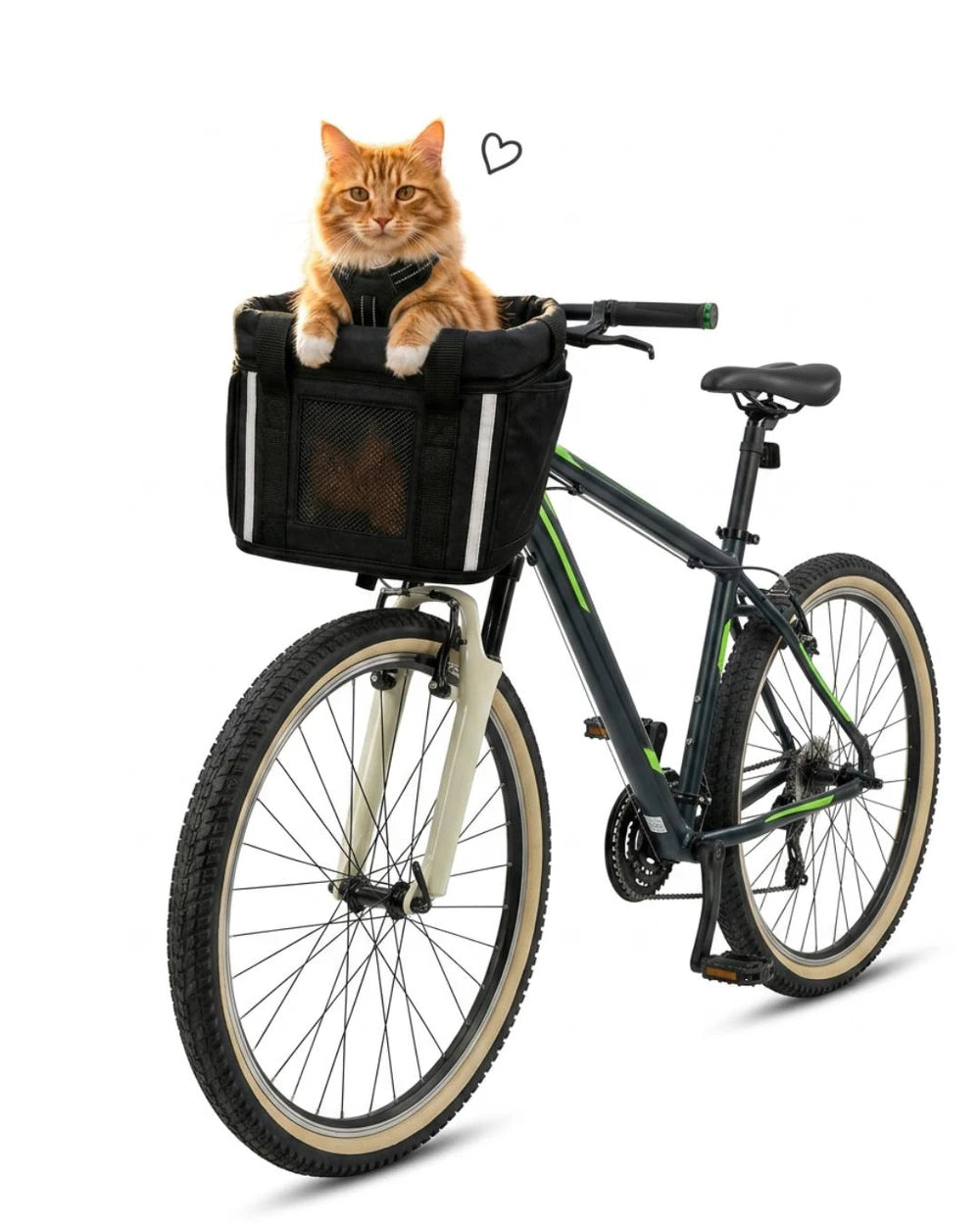 Ginger cat sitting in the Goodsible 3-in-1 pet bike basket mounted on bike handlebars